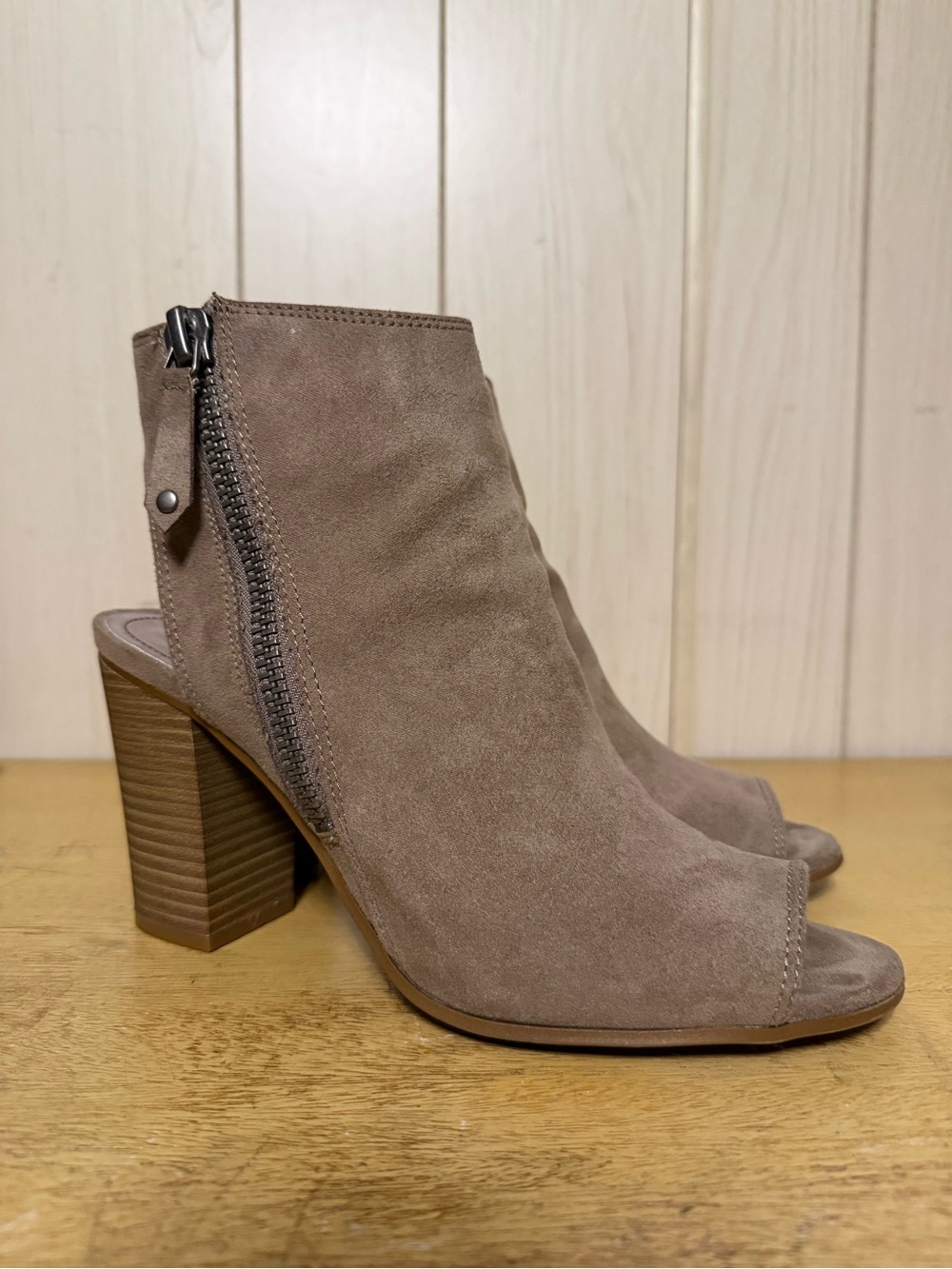 Nina Taupe Suede Open-Toe Block Heel Booties